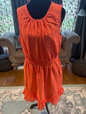 Peter Som Bright Orange Eyelet Ruffled Hem Mini Dress